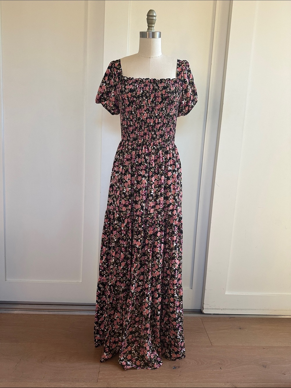 Floral Pink and Black Smocked Maxi Dress
